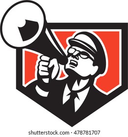 Illustration of a nerd man wearing hat and eye glasses looking up shouting through megaphone set inside shield crest on isolated background done in retro style. 