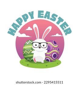 An illustration of a nerd rabbit in front of egg. Happy Easter Label