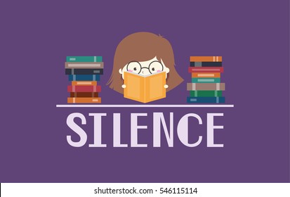 Illustration of a Nerdy Girl in Glasses Reading Books with the Word Silence Written Below Her