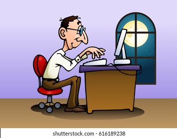 illustration of a nerdy man using computer on office background