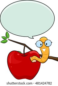 Ilustración de un gusano Nerdy arrancando de una manzana con una burbuja de habla sobre su cabeza