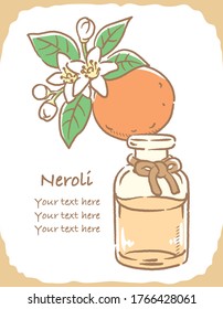 Illustration von Neroli und Aromatherapie Flasche. Vektorgrafik.