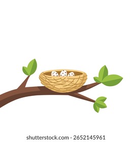 illustration of a bird’s nest with eggs resting on a tree branch. Suitable for spring, new life, nature, motherhood, and wildlife-themed designs
