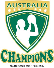 illustration of a netball player with ball set inside shield with word Australia Champions