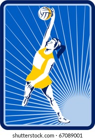 illustration of a netball player catching or passing ball with sunburst in the background set inside rectangle