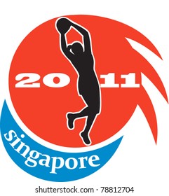 illustration of netball player silhouette jumping shooting the ball with words Singapore 2011