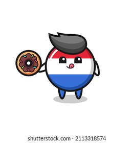 illustration of an netherlands flag badge character eating a doughnut , cute style design for t shirt, sticker, logo element