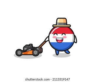illustration of the netherlands flag badge character using lawn mower , cute style design for t shirt, sticker, logo element