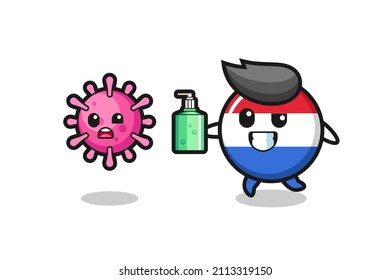 illustration of netherlands flag badge character chasing evil virus with hand sanitizer , cute style design for t shirt, sticker, logo element