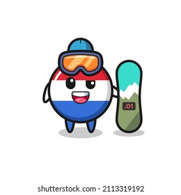 Illustration of netherlands flag badge character with snowboarding style , cute style design for t shirt, sticker, logo element