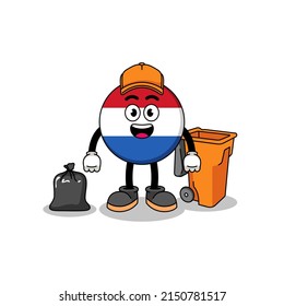 Illustration of netherlands flag cartoon as a garbage collector , character design