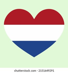 Illustration of the Netherlands flag with a heart shape. Vector heart shaped Dutch flag isolated on plain background.  I love Netherlands. Happy Independence Day.