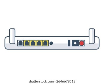 Illustration of a network router’s back panel, displaying Ethernet ports, WAN port, power input, and reset button. Ideal for internet setup guides, tech articles, on home network or wired connectivity