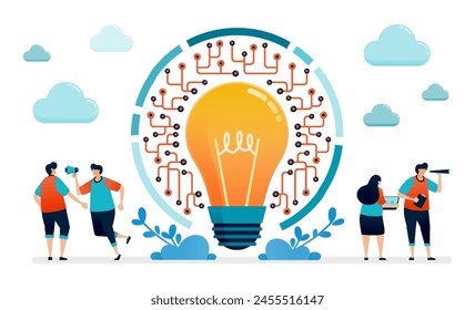 illustration of network communicates with each other with the light bulb to get the best ideas