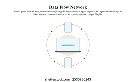 Illustration of a network of connected nodes or devices, showing the data flow between them.