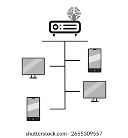 illustration of a network of devices such as laptops and smartphones. with white background