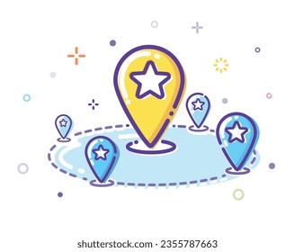 Illustration of a network of locations. Outline illustration in MBE style