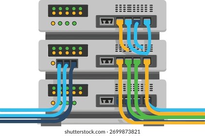 Ilustración de servidores de red apilados y conectados con cables.