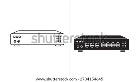 Illustration of a network switch, crucial for data transmission and connectivity. Perfect for illustrating networking concepts, IT infrastructure, and data management.