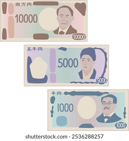 Ilustração das novas notas de 10.000 ienes, 5.000 ienes e 1.000 ienes
