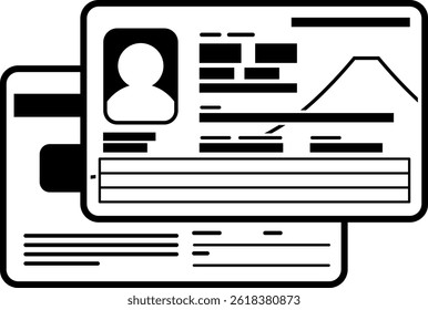 Ilustração do novo Cartão de Número Individual (Meu Cartão de Número), frente e verso. Cartão de identidade japonês baseado no novo design de 2026. O formato vetorial é preto monocromático, todas as áreas brancas são transparentes.