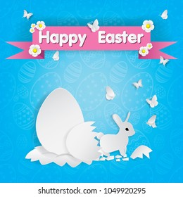 Illustration of a new life of little rabbit, it see out of the egg and have butterflys fly around.Happy Eater Day