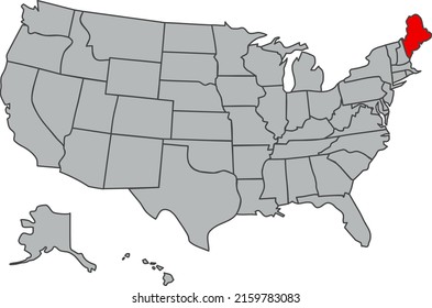 Ilustración de New Maine. Mapa vectorial de EE.UU. en color gris. Contornos de los Estados Unidos de América. Territorio de Estados Unidos aislado en rojo. Economía, geografía, web, artículo, noticias, estudio