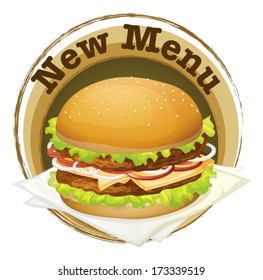 Illustration of a new menu label with a big burger on a white background