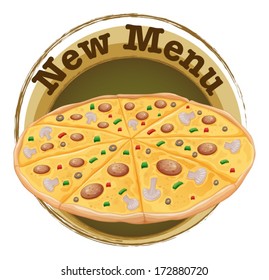 Illustration eines neuen Menüetiketts mit Pizza auf weißem Hintergrund