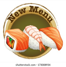 Illustration of a new menu label with sushi on a white background