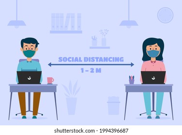 Illustration of new normal people social distancing at the office vector design
