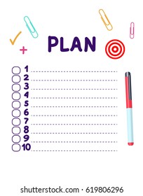 Illustration New Plan list, Vector illustration isolated on white background.  Concept of personal scheduling template. List, pen, notepad diary, plus.