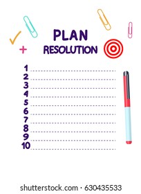 Illustration New Plan list, Vector illustration isolated on white background.  Concept of personal scheduling template. List, pen, notepad diary, plus.