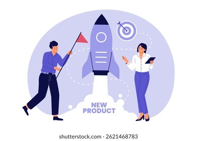 Illustration of New Product Launch. Business Innovation and Startup Growth Illustration. Illustrations for websites, landing pages, mobile apps, posters and banners
