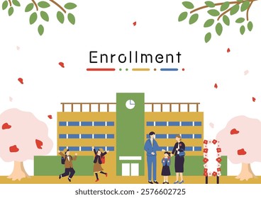 Illustration of new students and a school building