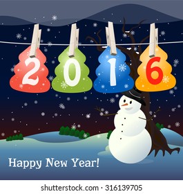 Illustration of the new year 2016 with a snowman.