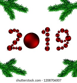 Illustration of the new year 2019 made with a naturalistic pattern of a garland of fir branches in the shape of the numbers of the new year with christmas balls on isolated background. Vector