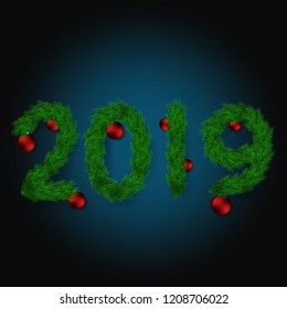 Illustration of the new year 2019 made with a naturalistic pattern of a garland of fir branches in the shape of the numbers of the new year with christmas balls on blue background. Vector Illsutation