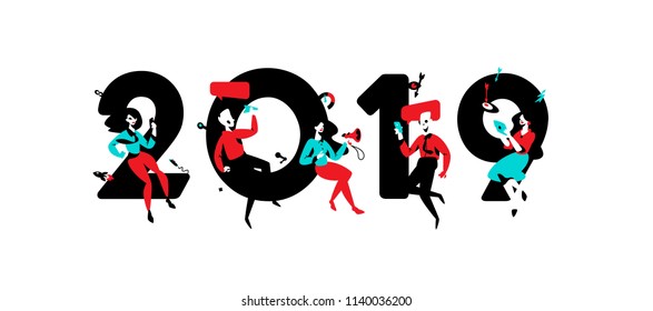 Illustration of the New Year 2019. Vector. Employees around the inscription. Image is isolated on white background. Advertising, developers meet in 2019. Calendar of the New Year and Christmas.