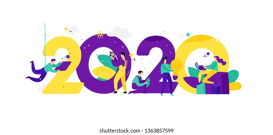 Illustration for the New Year 2020. Vector. People work around numbers. 