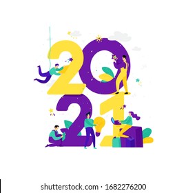 Illustration for the New Year 2021. Vector. People work around numbers. Businessmen celebrate Christmas. Employees in the office are going to celebrate. Illustration for the calendar and site.