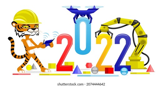 Illustration for new year 2022 with a tiger in a helmet with a drone and a robot on a white background.