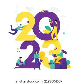 Illustration for the New Year 2023. Vector. People work around numbers. Businessmen celebrate Christmas. Employees in the office are going to celebrate.  Illustration for the calendar and site.