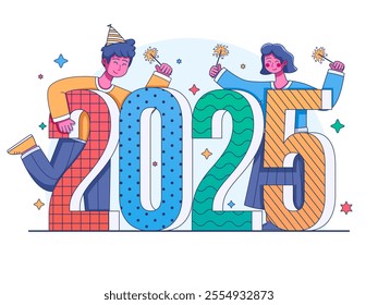 Illustration New Year 2025 Celebration depicted in large, colorful numbers.
With people holding sparklers and wearing party attire, including a party hat. 
Perfect for New Year's celebrations design