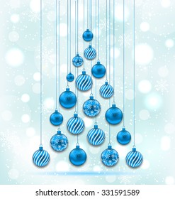 Illustration New Year Abstract Tree made in Hanging Balls, Glowing Background - Vector