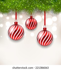 Illustration New Year background with glass hanging balls and fir twigs - vector