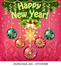 illustration of new year card with balls and bells