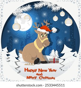 Illustration of the New Year and Christmas, A deer in a Santa hat among the fir trees in the snow in a clearing