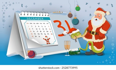 Illustration of New Year and Christmas, Santa Claus looks at the date on the calendar background
