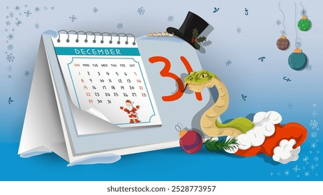 Illustration of the New Year and Christmas, A snake crawls out of Santas hat on a calendar background